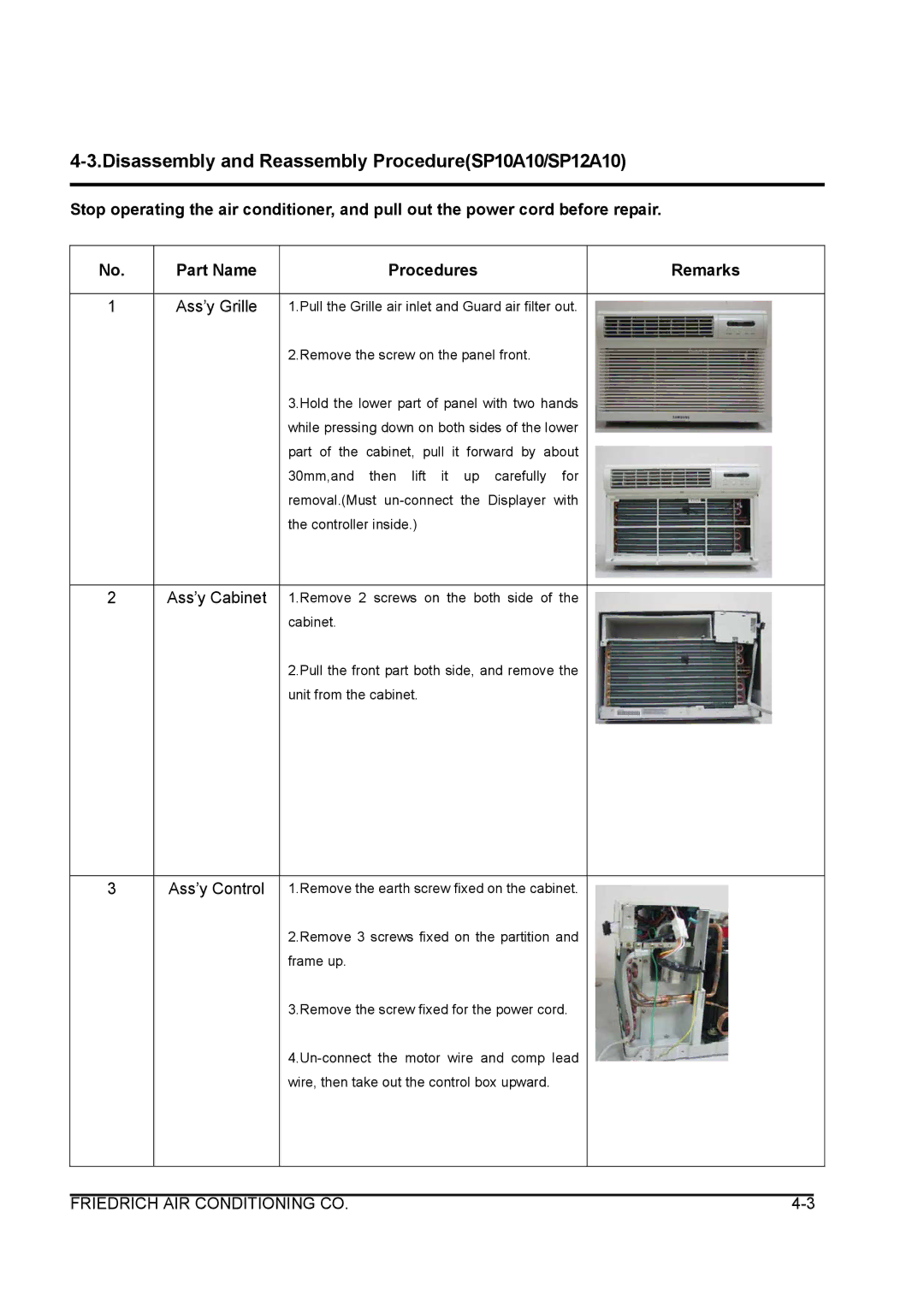 Friedrich SP08A10, SP06A10 service manual Disassembly and Reassembly ProcedureSP10A10/SP12A10, Ass’y Grille 