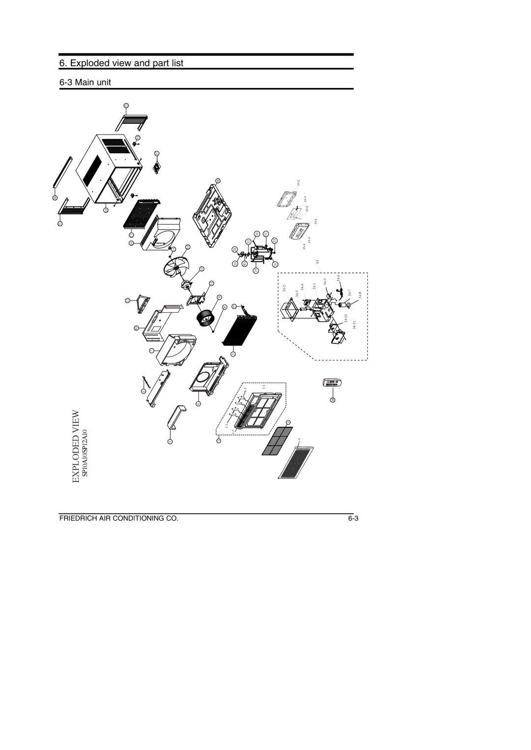 Friedrich SP10A10, SP08A10, SP12A10, SP06A10 service manual Exploded view and part list 