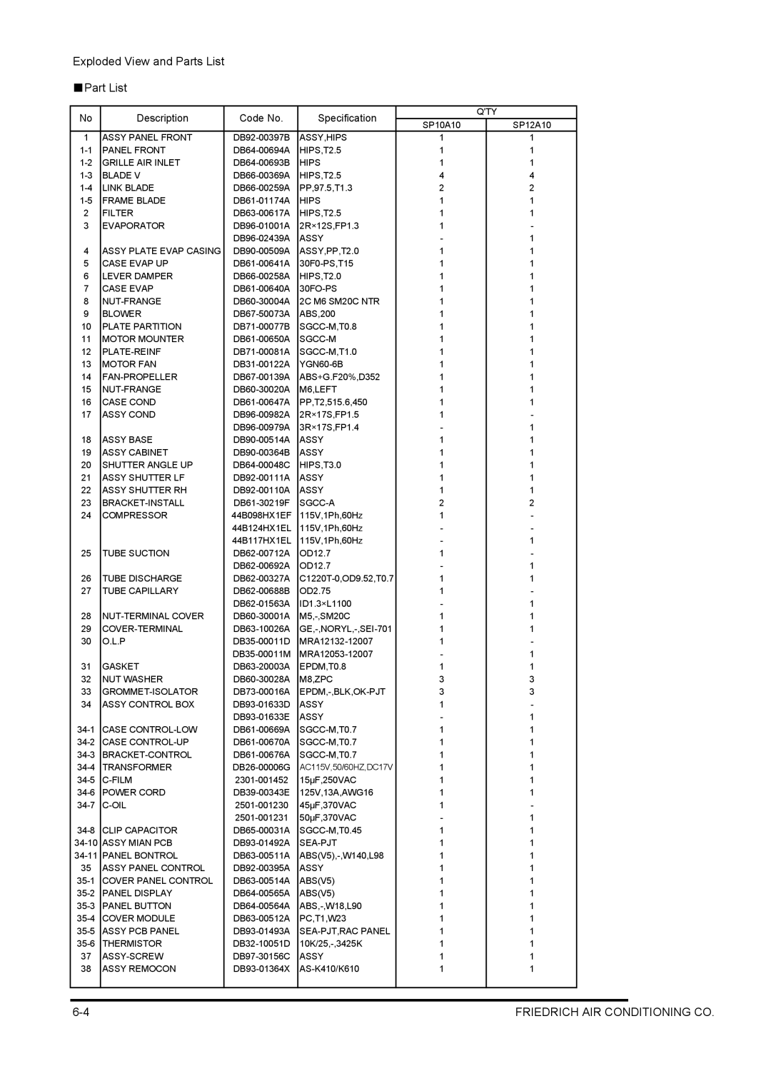 Friedrich SP08A10, SP10A10, SP12A10, SP06A10 service manual Friedrich AIR Conditioning CO 