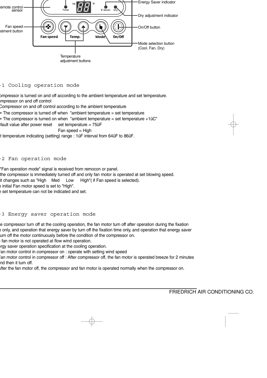 Friedrich SP06A10, SP10A10 Function Description, Cooling operation mode, Fan operation mode, Energy saver operation mode 
