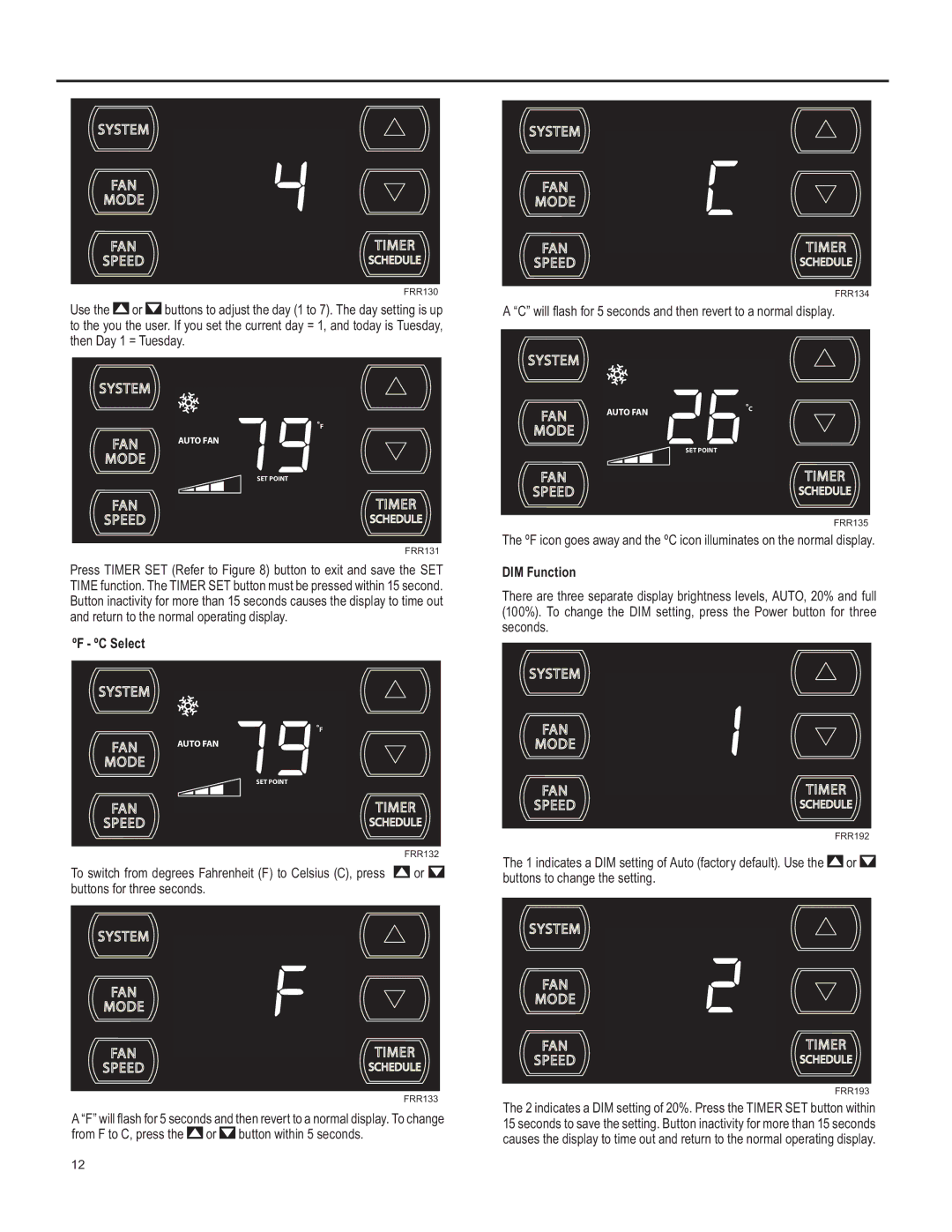 Friedrich SQ10, SQ06, SQ05, SQ08 operation manual ºF ºC Select, DIM Function 