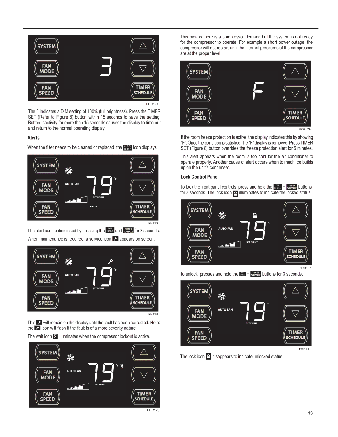 Friedrich SQ06, SQ10, SQ05, SQ08 operation manual Alerts, Lock Control Panel 