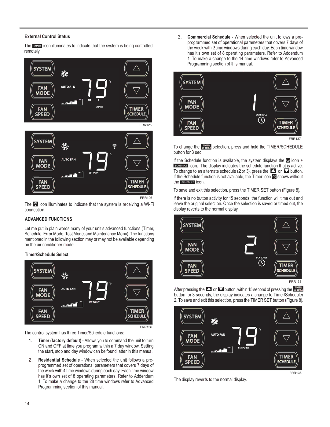 Friedrich SQ05 External Control Status, Timer/Schedule Select, 7KHFRQWUROV\VWHPKDVWKUHH7LPHU6FKHGXOHIXQFWLRQV 