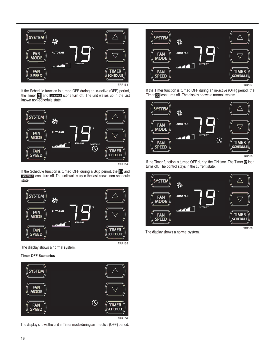 Friedrich SQ05, SQ10, SQ06, SQ08 State, Timer OFF Scenarios, Timer icon turns off. The display shows a normal system 