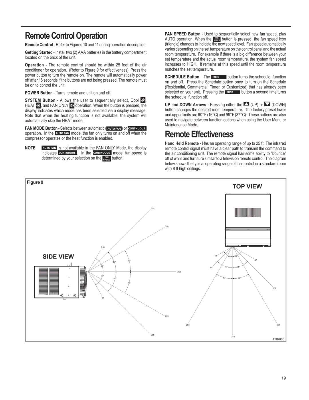 Friedrich SQ08, SQ10, SQ06 Remote Control Operation, Remote Effectiveness, Power Button Turns remote and unit on and off 