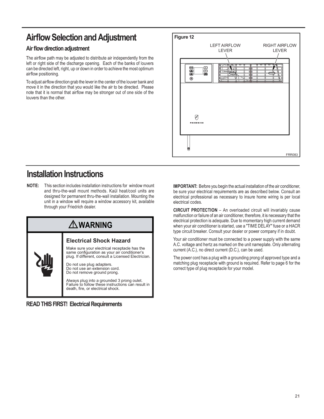 Friedrich SQ06, SQ10, SQ05, SQ08 Installation Instructions, Read this FIRST! Electrical Requirements, DluàrzSrvlwlrqlqj 