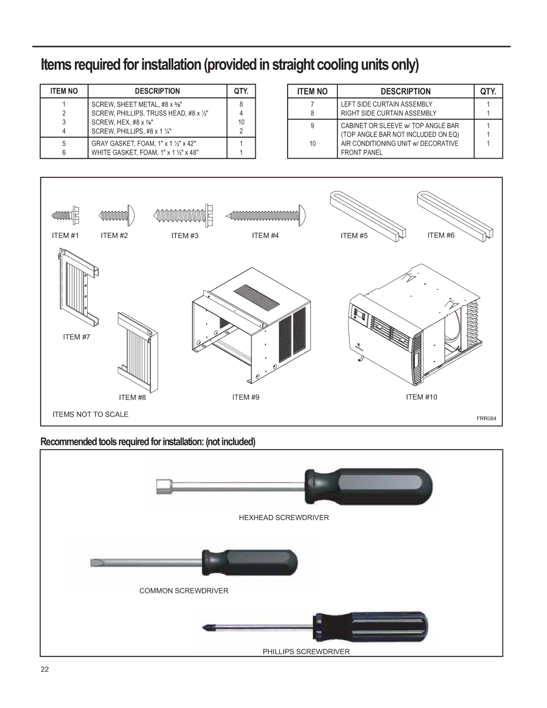 Friedrich SQ05, SQ10, SQ06, SQ08 Recommended tools required for installation not included, Item no Description QTY 