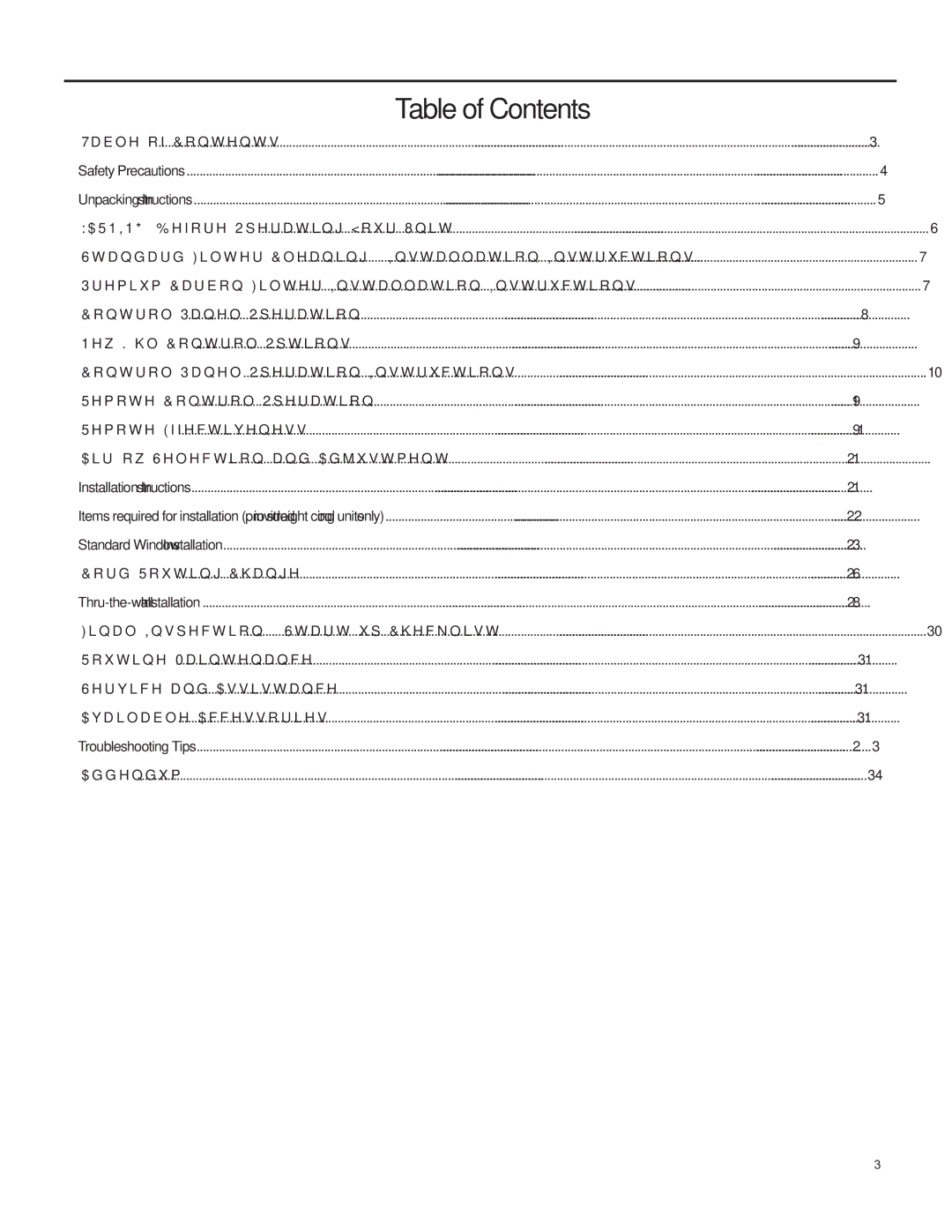 Friedrich SQ08, SQ10, SQ06, SQ05 operation manual Table of Contents 