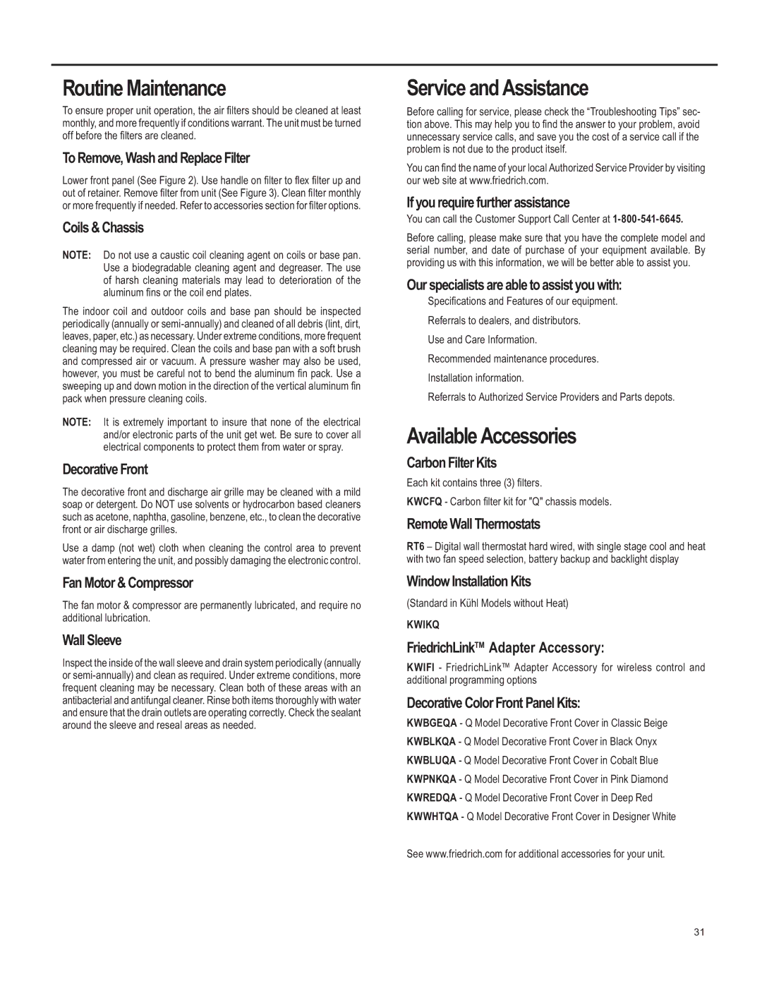 Friedrich SQ08, SQ10, SQ06, SQ05 operation manual Routine Maintenance, Service and Assistance, Available Accessories 