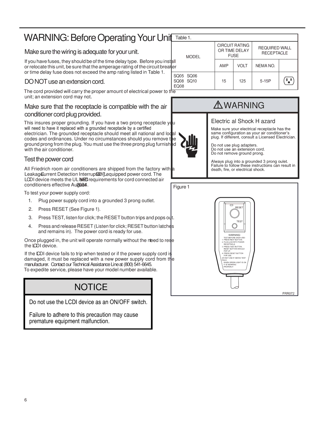 Friedrich SQ05, SQ10 Make sure the wiring is adequate for your unit, Do not use an extension cord, Test the power cord 