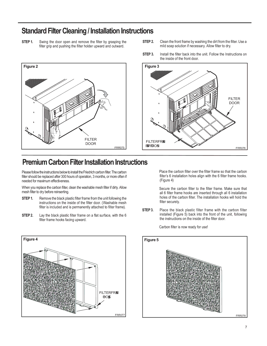 Friedrich SQ08, SQ10 Standard Filter Cleaning / Installation Instructions, Premium Carbon Filter Installation Instructions 