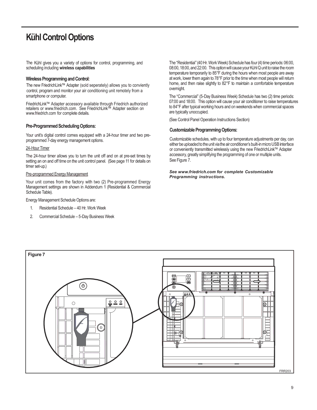 Friedrich SQ06, SQ10, SQ05, SQ08 operation manual Kühl Control Options, See Figure 