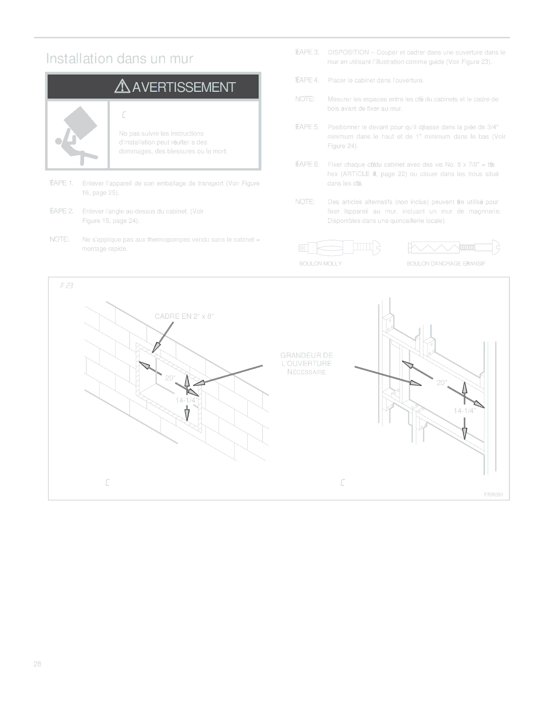 Friedrich SQ10, SQ06, SQ05, SQ08 operation manual Installation dans un mur 