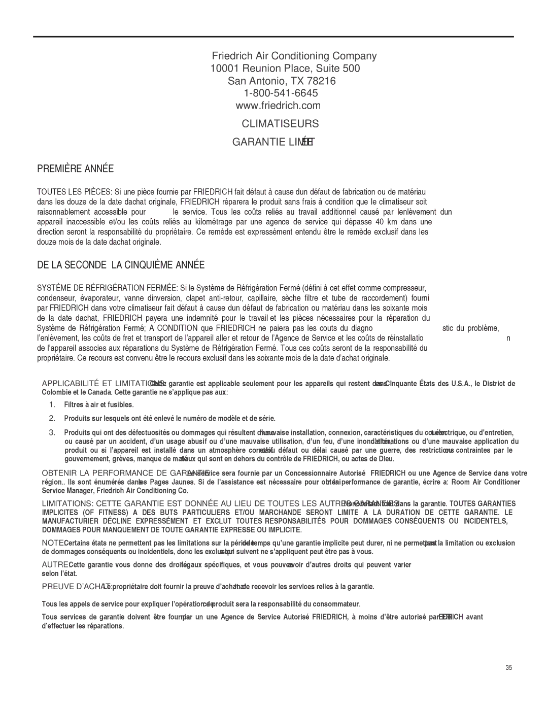 Friedrich SQ08, SQ10, SQ06, SQ05 operation manual Climatiseurs Garantie Limitée 