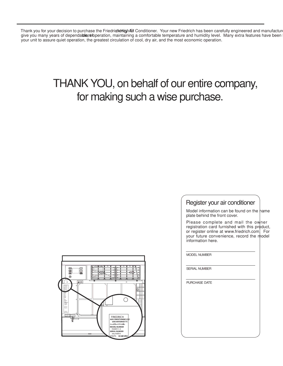 Friedrich SQ05, SQ10, SQ06, SQ08 operation manual Register your air conditioner 