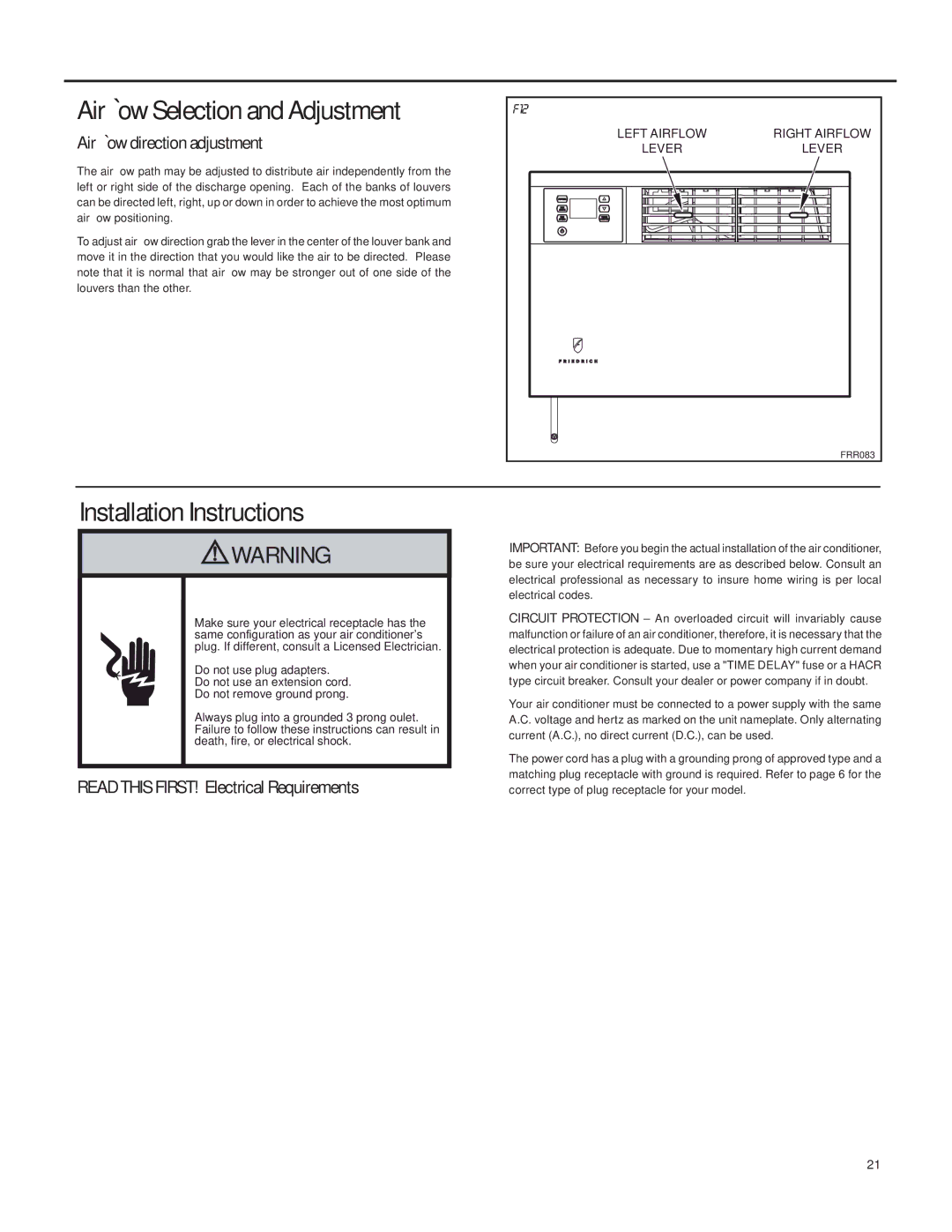 Friedrich SQ06, SQ10, SQ05, SQ08 operation manual AirÁow Selection and Adjustment, Installation Instructions 