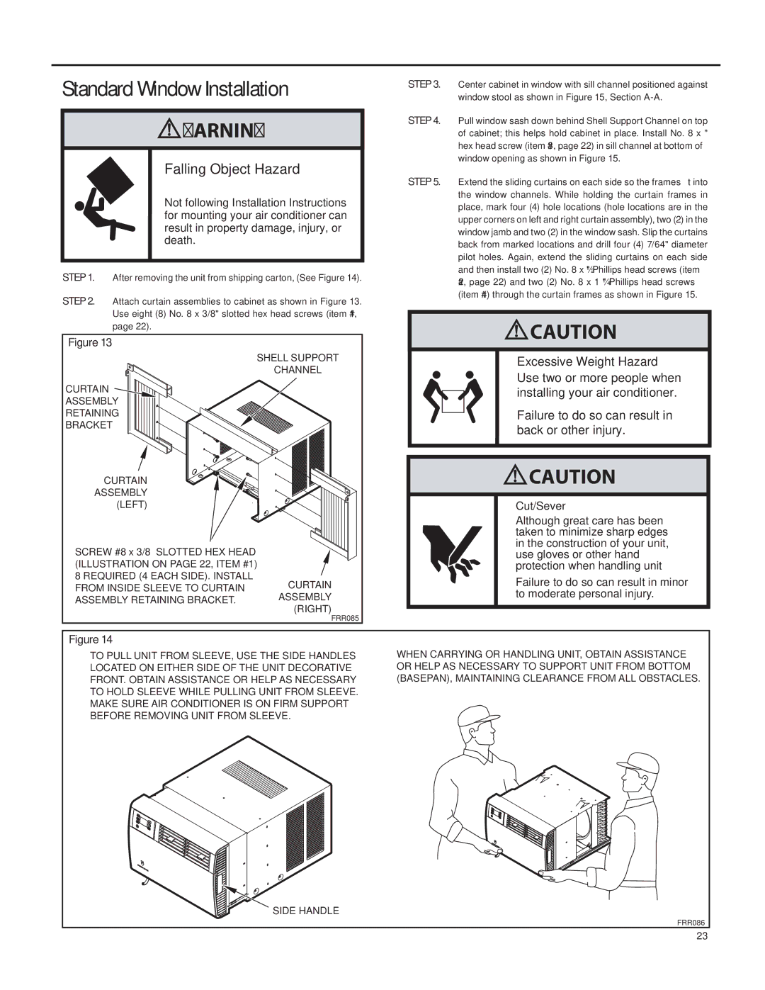 Friedrich SQ08, SQ10, SQ06, SQ05 operation manual Standard Window Installation, Falling Object Hazard 