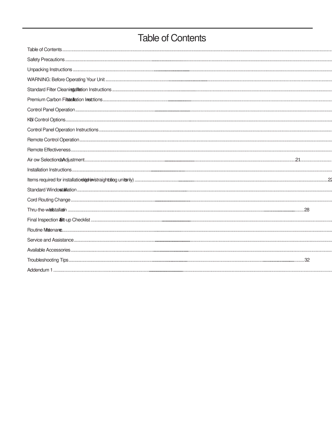 Friedrich SQ08, SQ10, SQ06, SQ05 operation manual Table of Contents 