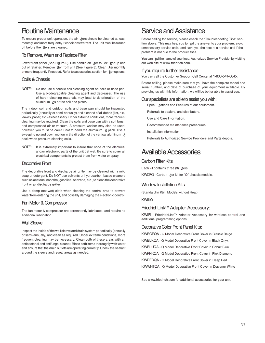 Friedrich SQ08, SQ10, SQ06, SQ05 operation manual Routine Maintenance, Service and Assistance, Available Accessories 