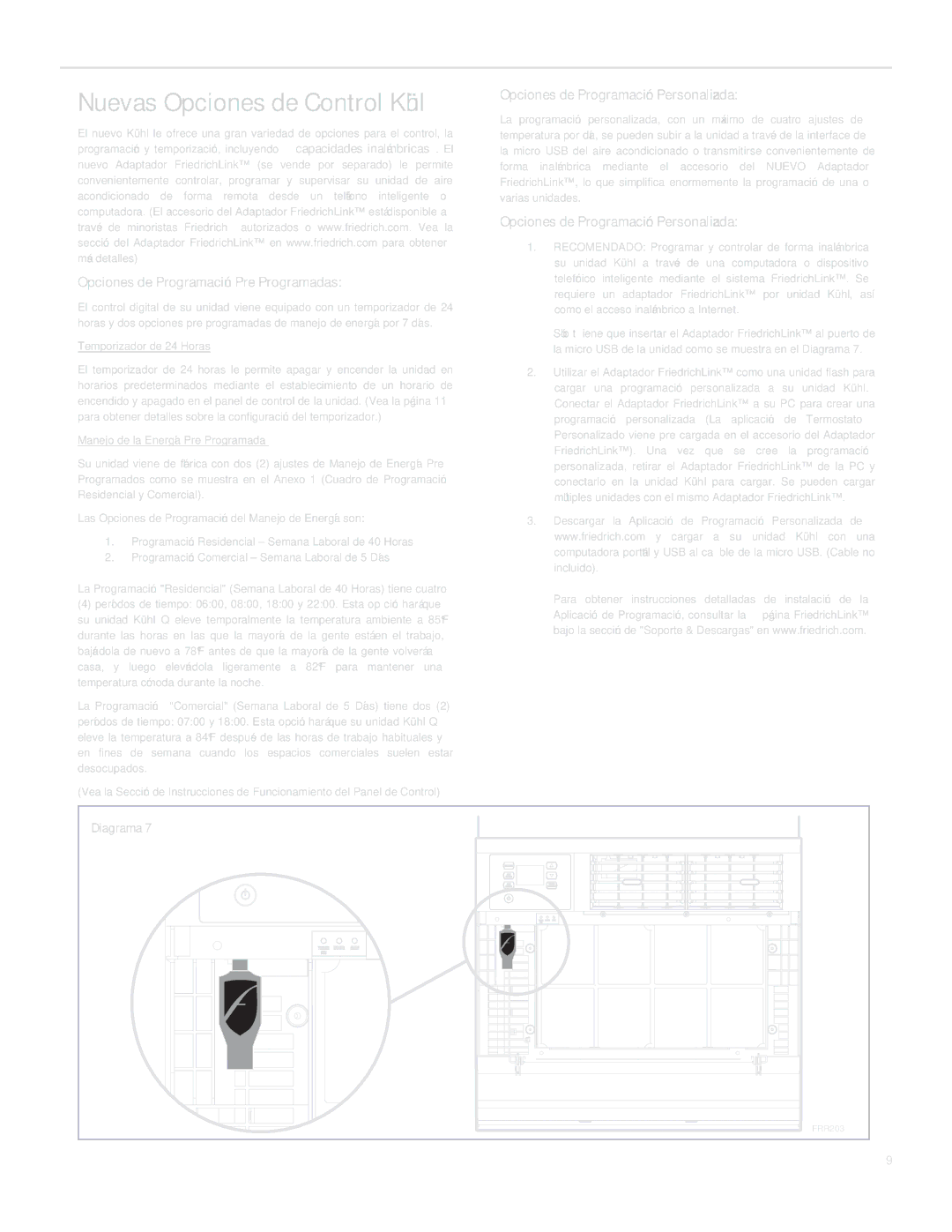 Friedrich SQ06, SQ10, SQ05, SQ08 operation manual Nuevas Opciones de Control Kühl 