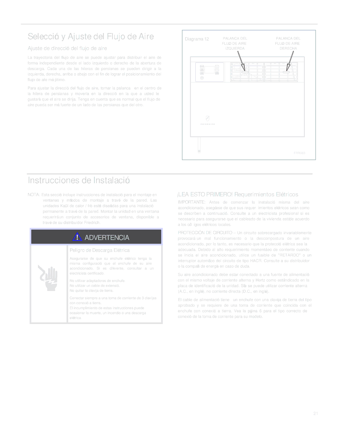 Friedrich SQ06, SQ10, SQ05, SQ08 operation manual Instrucciones de Instalación, Selección y Ajuste del Flujo de Aire 