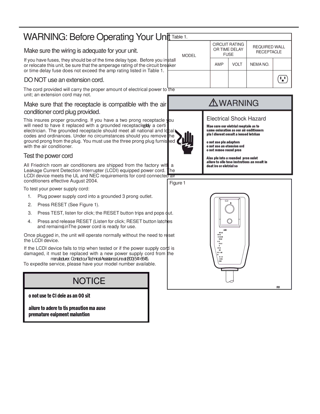 Friedrich SQ05, SQ10, SQ06, SQ08 operation manual Make sure the wiring is adequate for your unit 