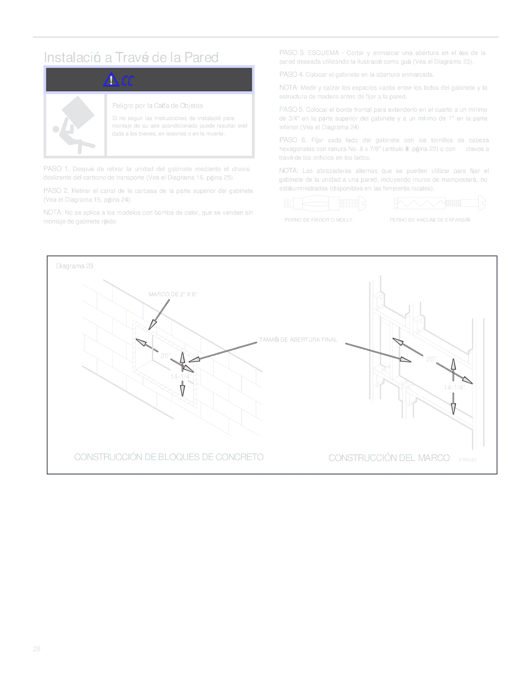 Friedrich SQ10, SQ06, SQ05, SQ08 operation manual Instalación a Través de la Pared, Precaucion 