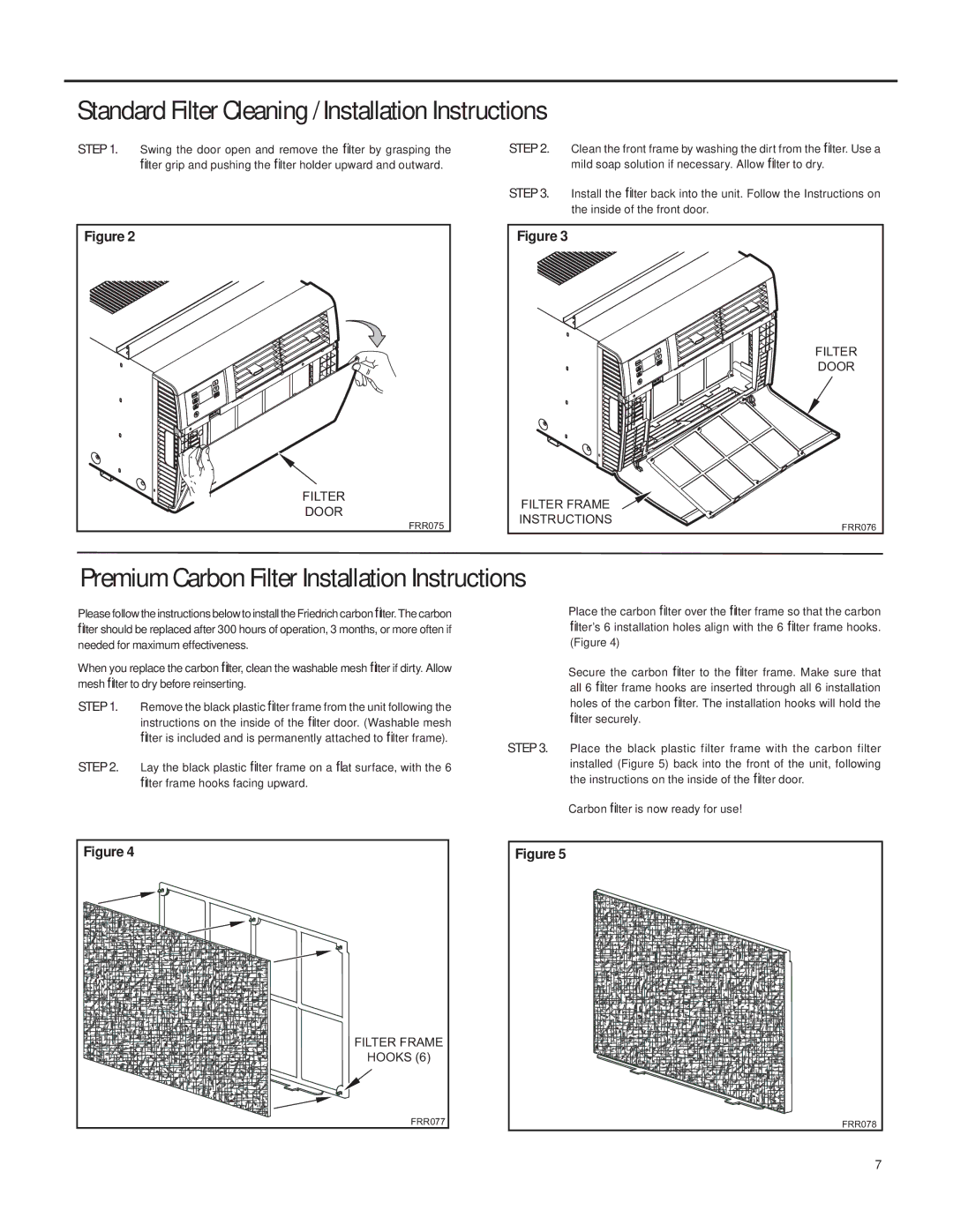 Friedrich SQ08, SQ10 Standard Filter Cleaning / Installation Instructions, Premium Carbon Filter Installation Instructions 