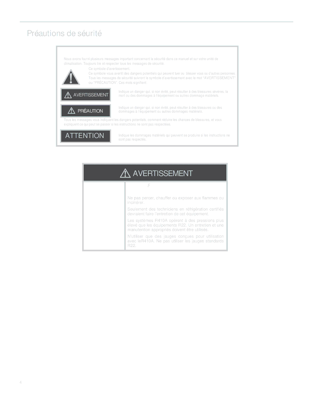 Friedrich SQ10, SQ06, SQ05, SQ08 operation manual Précautions de sécurité 