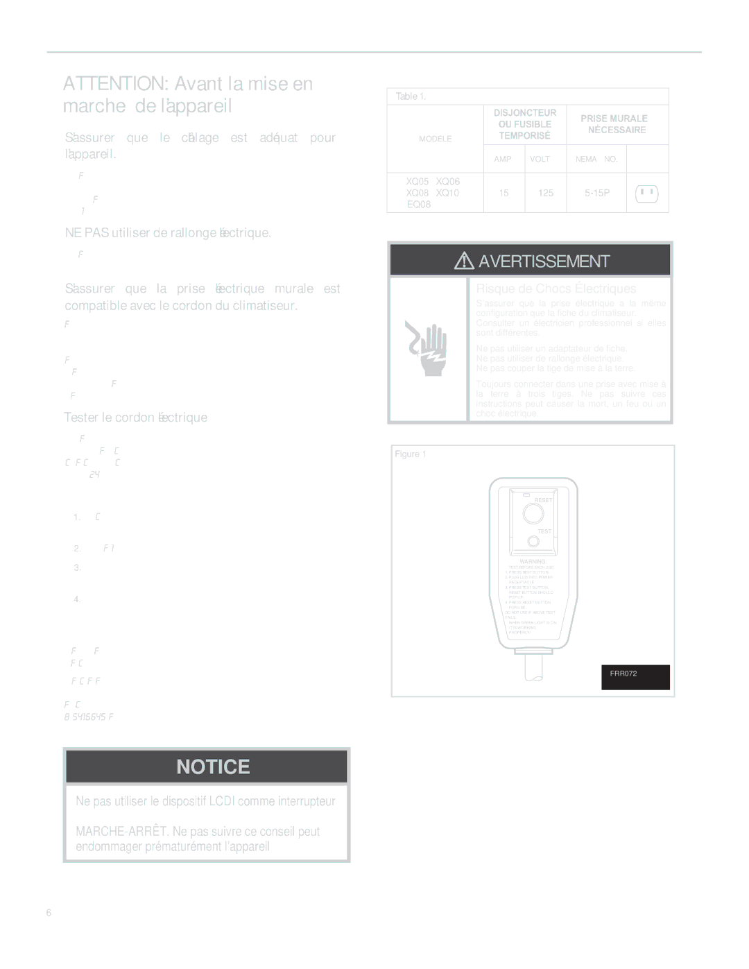 Friedrich SQ05, SQ10, SQ06, SQ08 operation manual Avertissement 