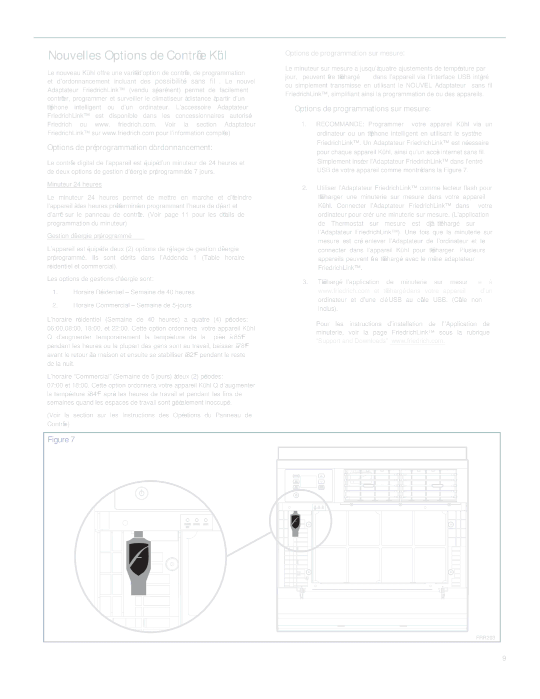 Friedrich SQ06, SQ10, SQ05, SQ08 operation manual Nouvelles Options de Contrôle Kühl 