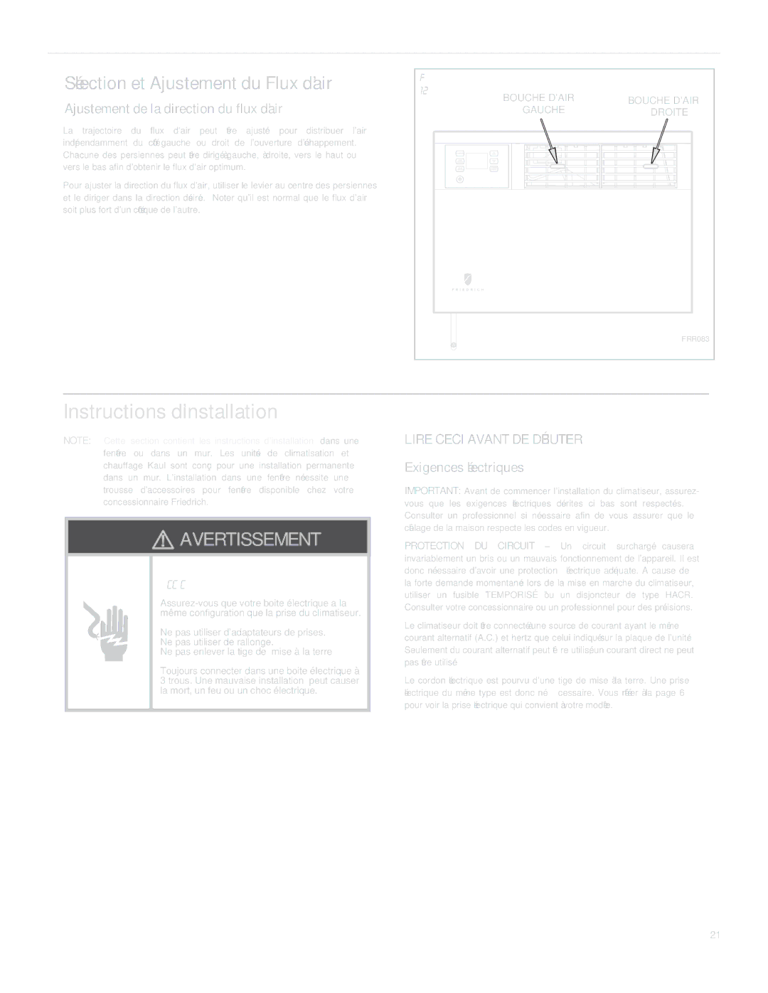 Friedrich SQ06, SQ10, SQ05, SQ08 operation manual Instructions d’installation 