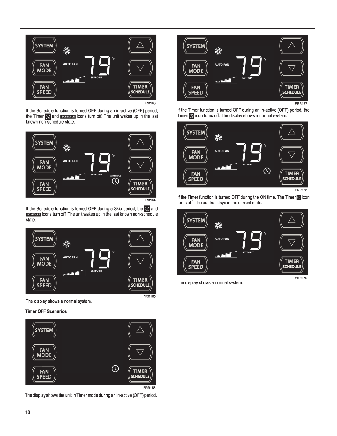 Friedrich SQ05, SQ10, SQ06, SQ08 operation manual state, The display shows a normal system, Timer OFF Scenarios 