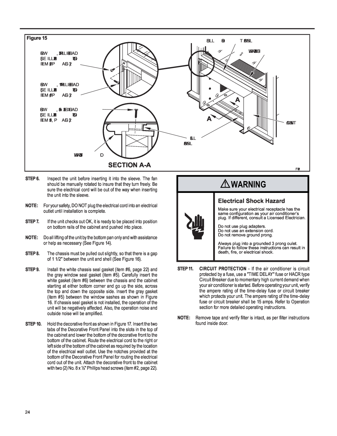 Friedrich SQ10, SQ06, SQ05, SQ08 operation manual Section A-A, Electrical Shock Hazard 