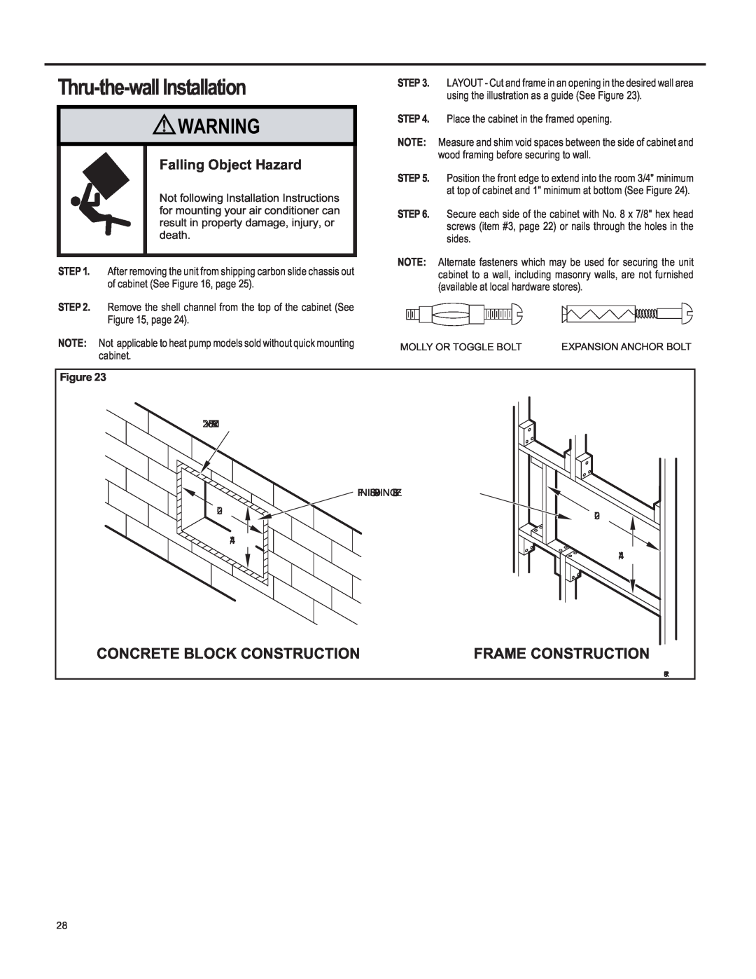 Friedrich SQ10, SQ06 Thru-the-wallInstallation, Concrete Block Construction, Falling Object Hazard, Frame Construction 