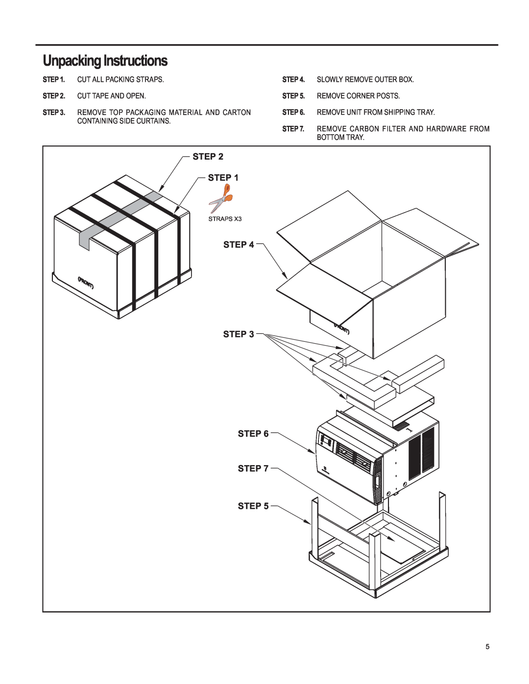 Friedrich SQ06, SQ10, SQ05, SQ08 operation manual Unpacking Instructions, Step 