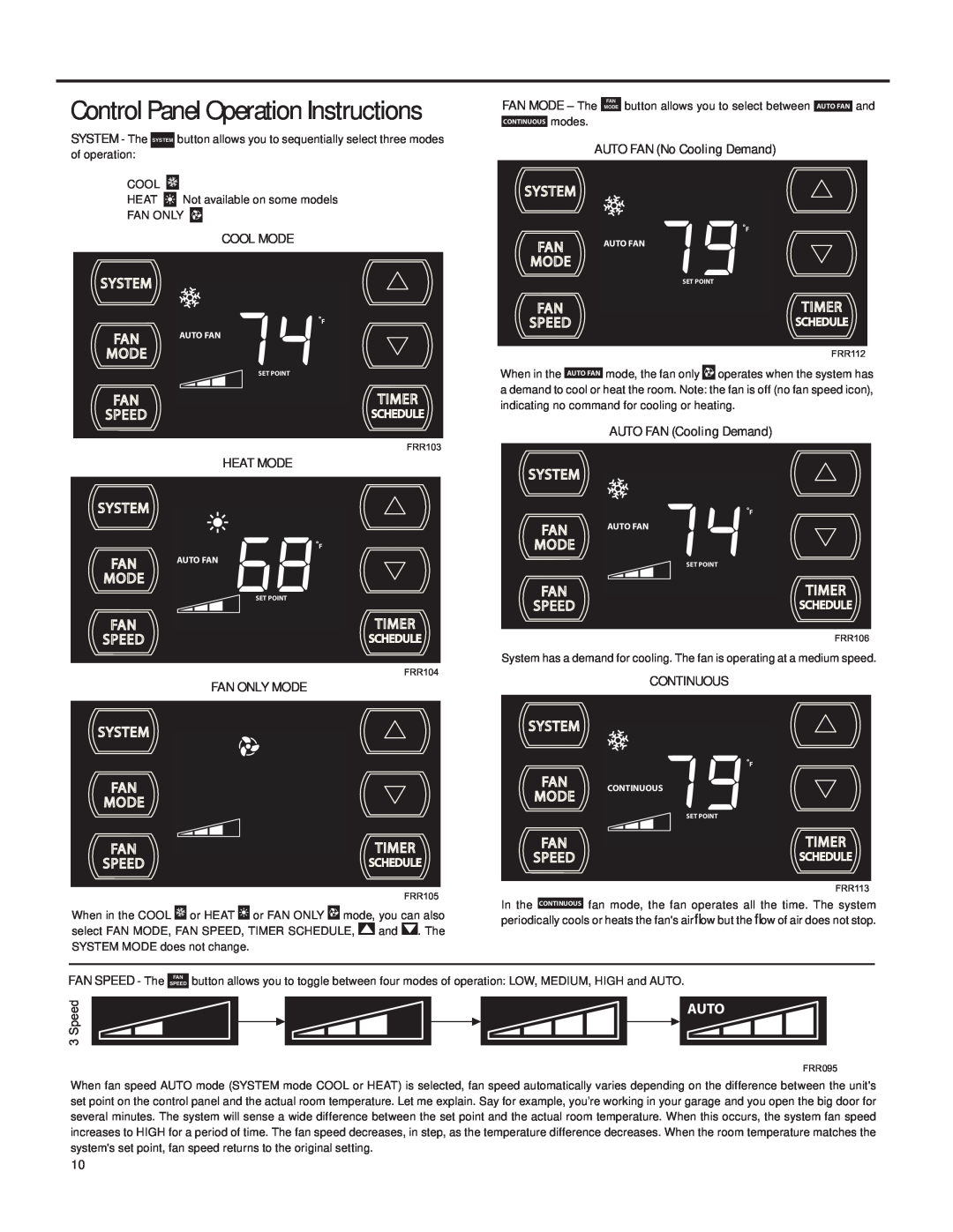 Friedrich SQ05, SQ10 Control Panel Operation Instructions, Cool Mode, Heat Mode, Fan Only Mode, FAN MODE – The, Continuous 