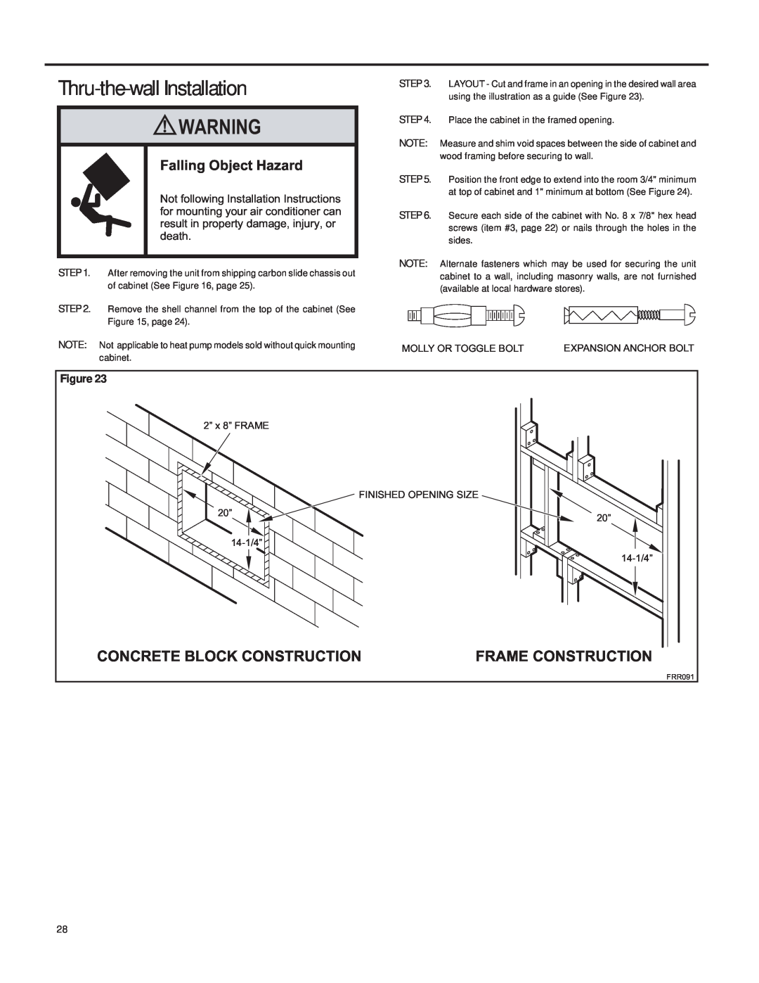 Friedrich SQ10 Thru-the-wallInstallation, Concrete Block Construction, Falling Object Hazard, Frame Construction, Figure 