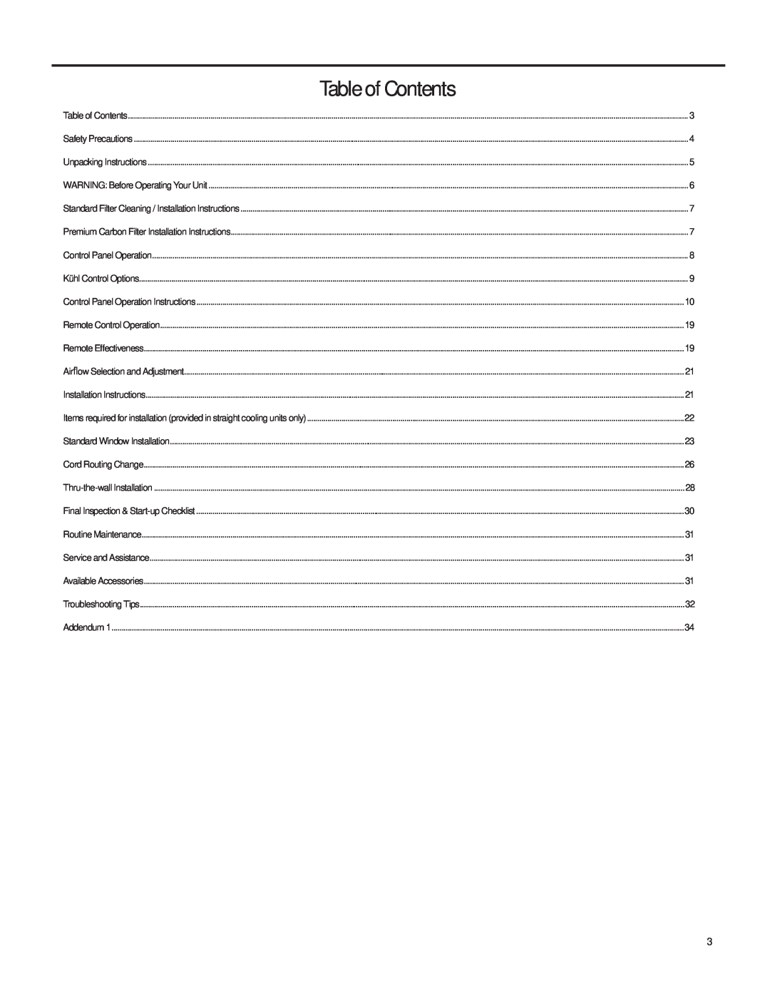 Friedrich SQ08, SQ10, SQ06, SQ05 operation manual Table of Contents 