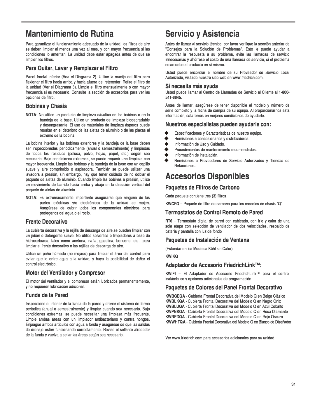 Friedrich SQ08, SQ10, SQ06, SQ05 operation manual Mantenimiento de Rutina, Servicio y Asistencia, Accesorios Disponibles 