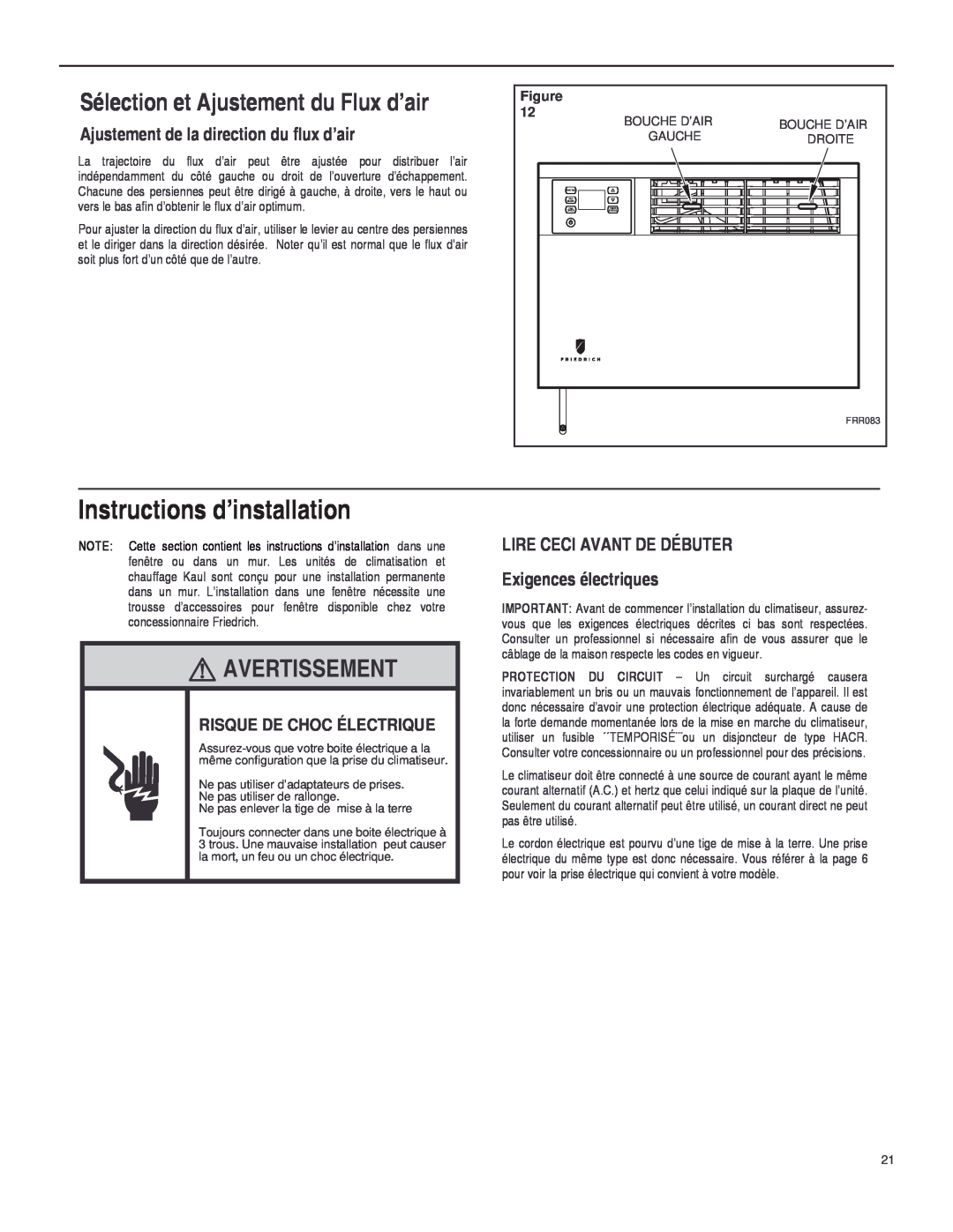 Friedrich SQ06 Instructions d’installation, Sélection et Ajustement du Flux d’air, Avertissement, Figure, Bouche D’Air 