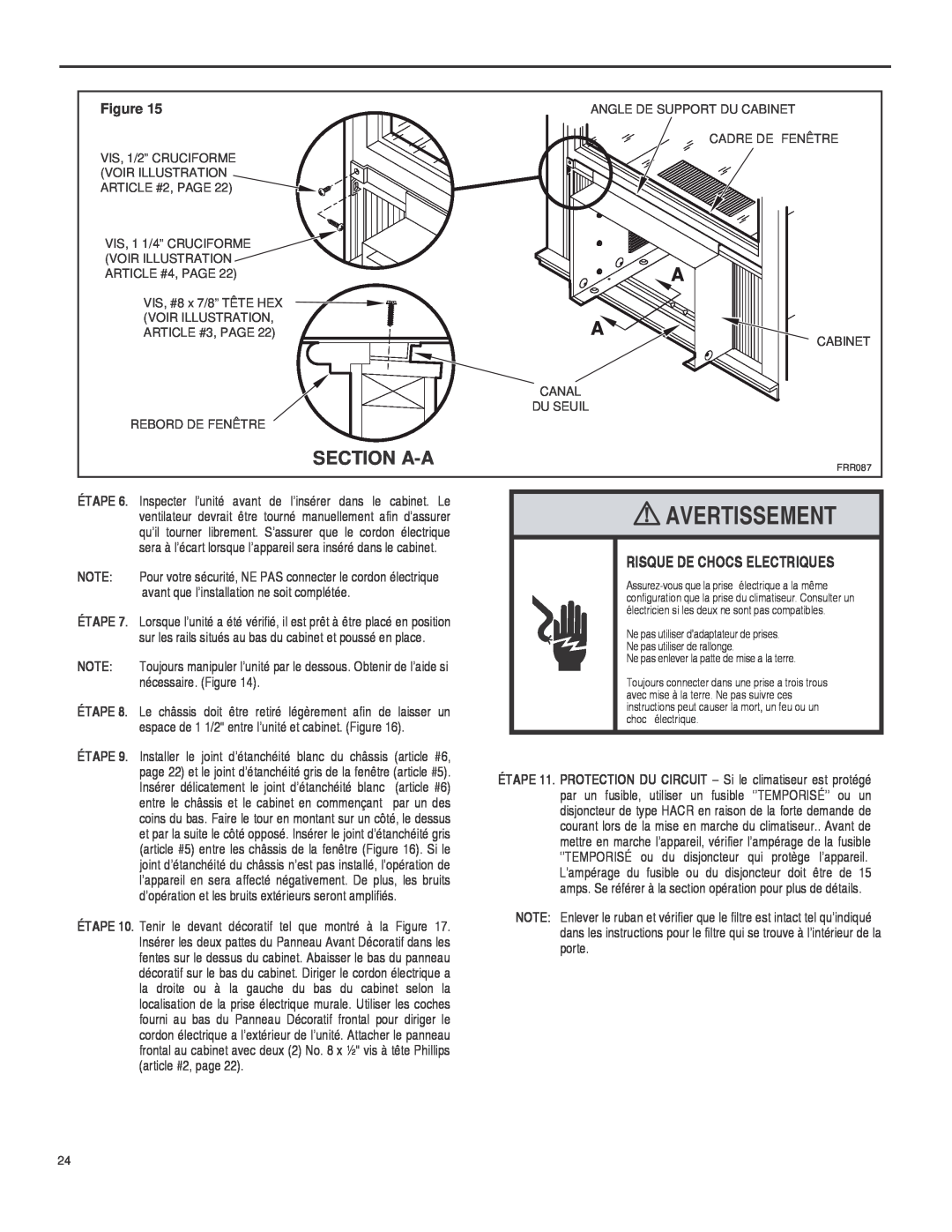 Friedrich SQ10, SQ06, SQ05, SQ08 operation manual Avertissement, Section A-A, Risque De Chocs Electriques, Figure 