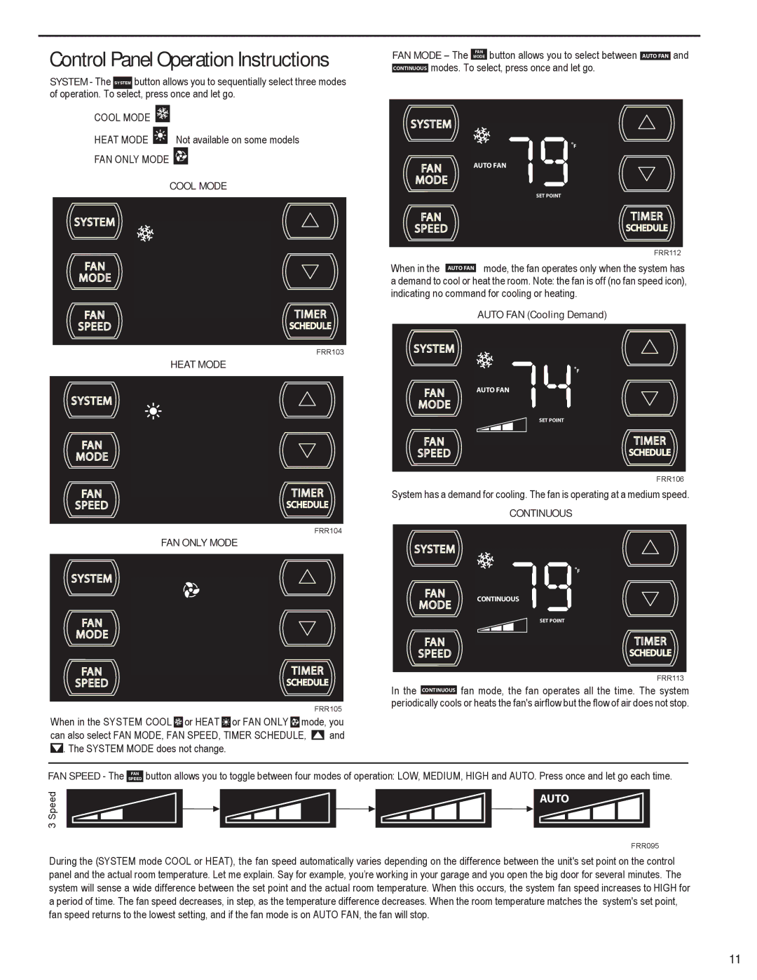 Friedrich SQ05N10, SQ10N10, SQ08N10, SQ06N10, EQ08N11 manual Control Panel Operation Instructions 