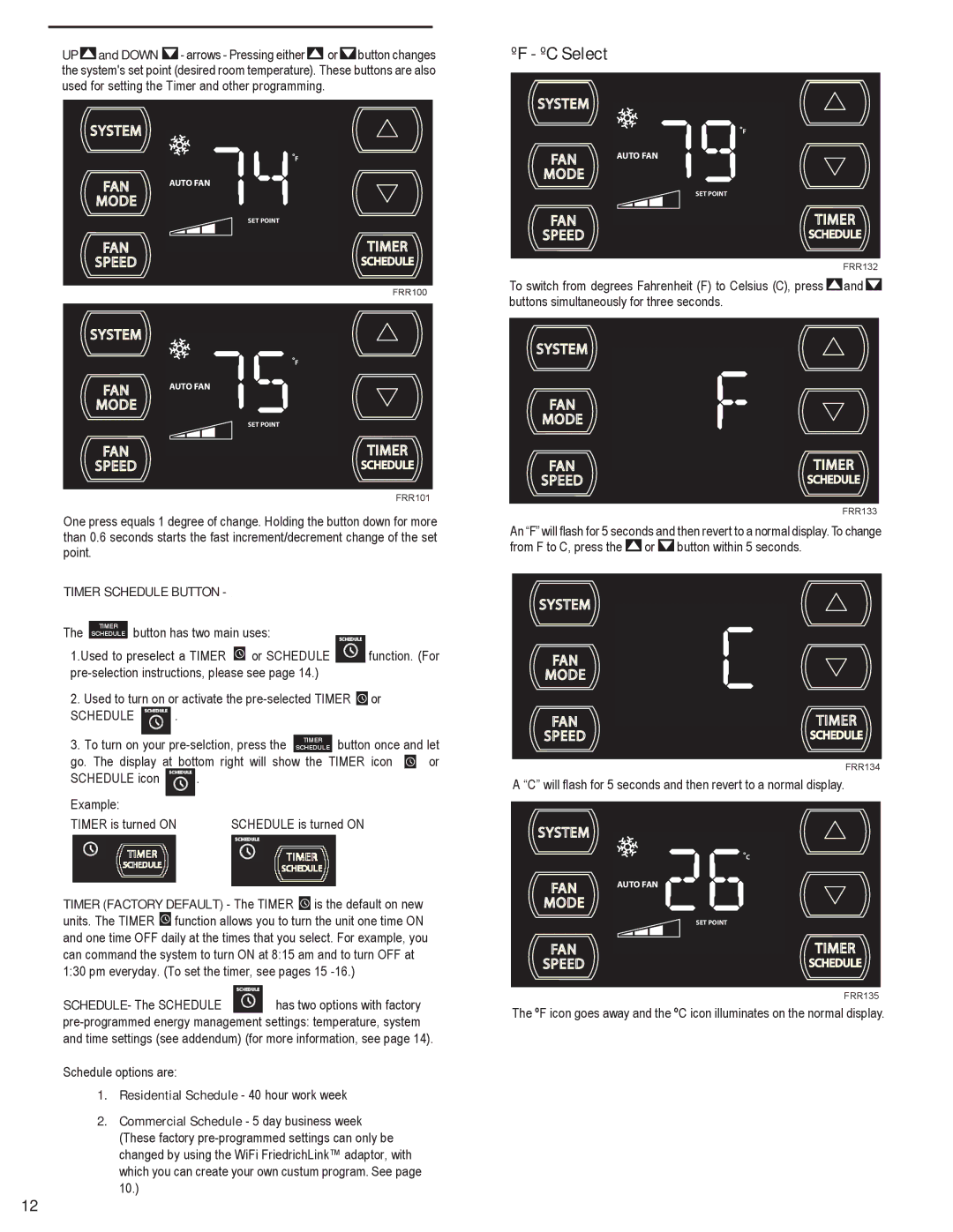 Friedrich SQ06N10, SQ10N10, SQ08N10, SQ05N10, EQ08N11 manual ºF ºC Select, Timer Schedule Button 