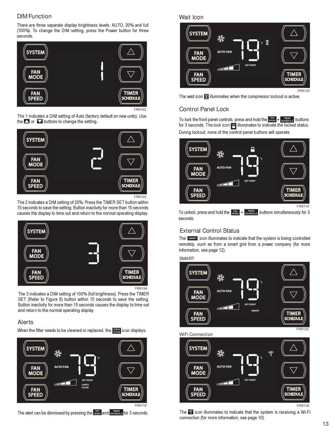 Friedrich EQ08N11, SQ10N10, SQ08N10, SQ05N10 DIM Function, Alerts, Wait Icon, Control Panel Lock, External Control Status 