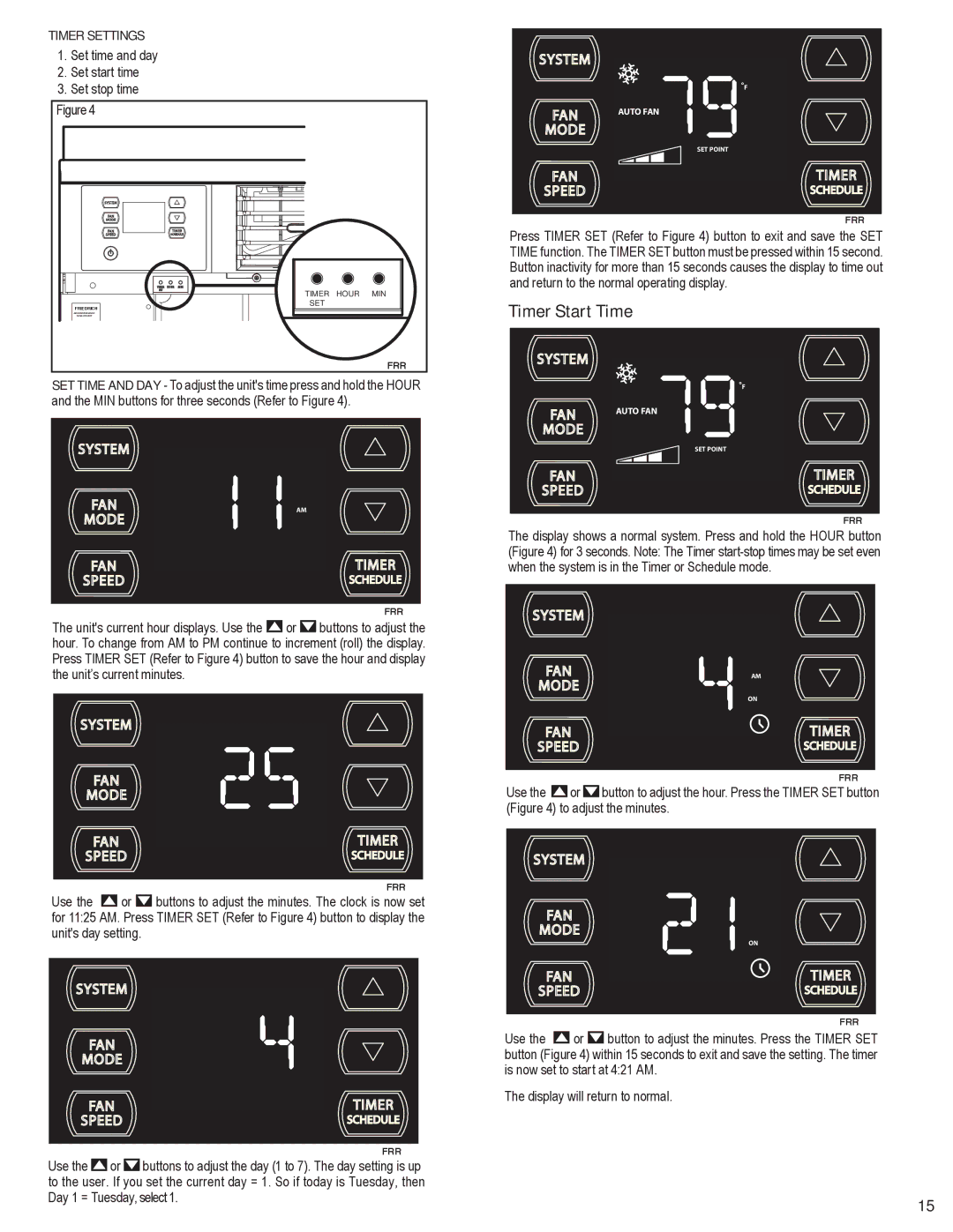 Friedrich SQ08N10, SQ10N10, SQ05N10, SQ06N10, EQ08N11 manual Timer Start Time, Timer Settings 