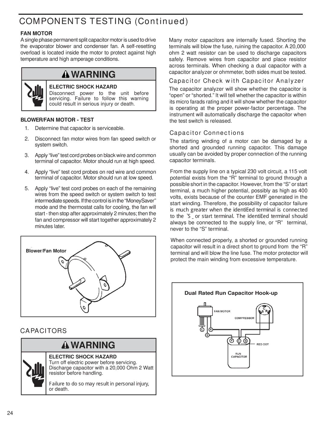 Friedrich SQ10N10, SQ08N10 manual Capacitor Check with Capacitor Analyzer, Capacitor Connections, BLOWER/FAN Motor Test 