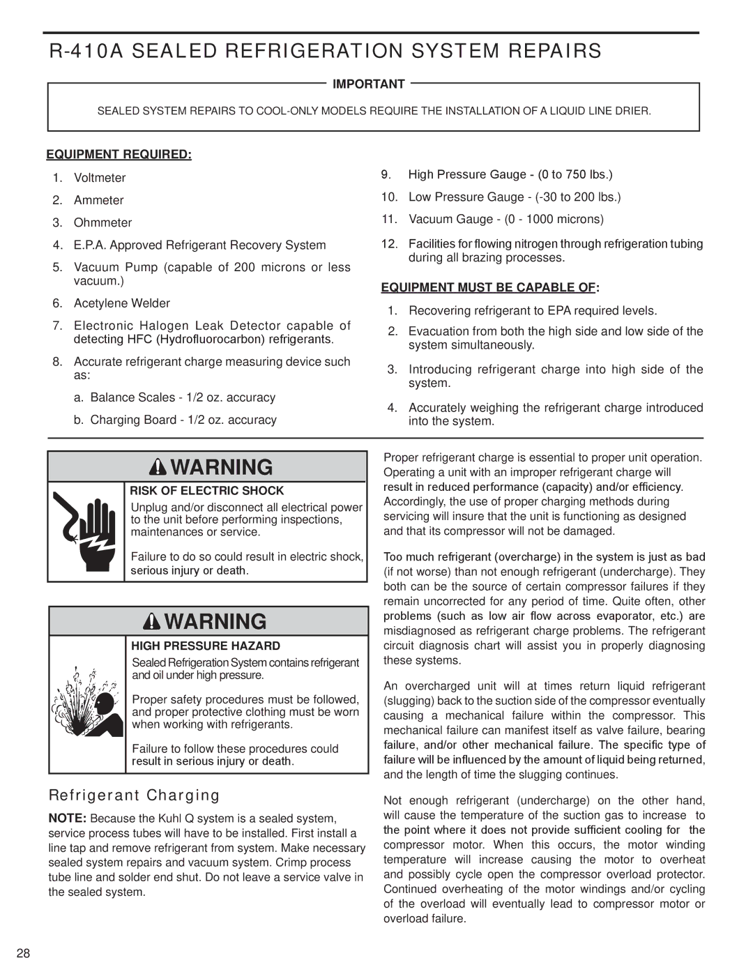 Friedrich EQ08N11, SQ10N10, SQ08N10, SQ05N10, SQ06N10 manual 410A Sealed Refrigeration System Repairs, Refrigerant Charging 