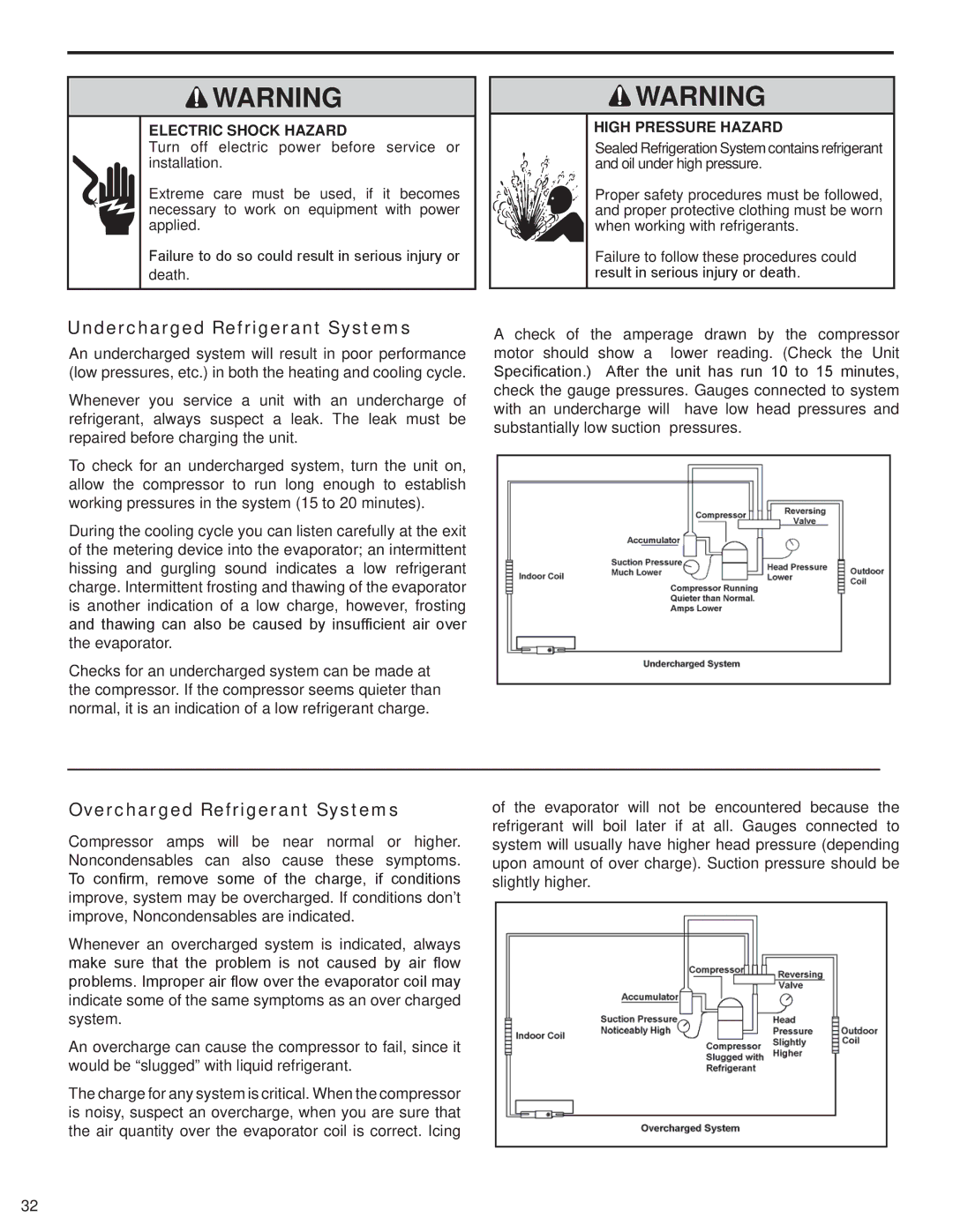 Friedrich SQ06N10, SQ10N10, SQ08N10, SQ05N10, EQ08N11 manual Undercharged Refrigerant Systems, Overcharged Refrigerant Systems 