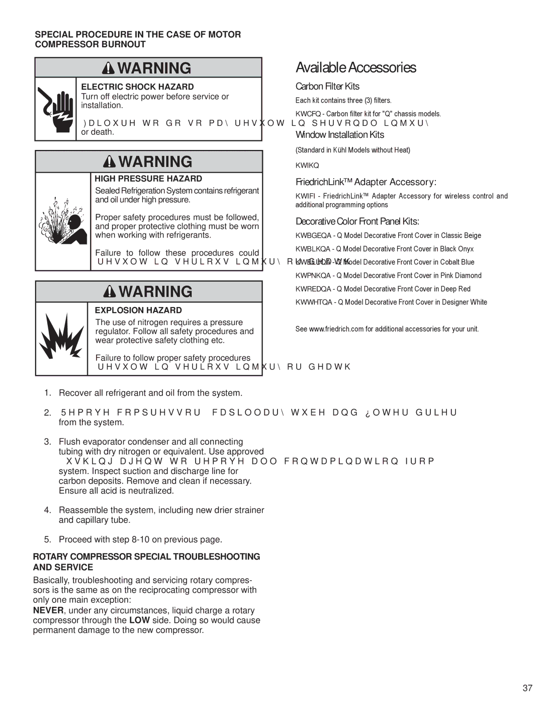 Friedrich SQ06N10, SQ10N10, SQ08N10, SQ05N10 Available Accessories, Rotary Compressor Special Troubleshooting and Service 